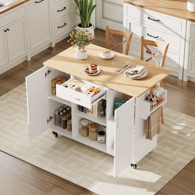 Keukeneiland / Keukenwagen - 92,9x120x43,5 cm - Klapbaar Werkblad met Lade en Kast - Rollbare Serveertrolley - MDF / Hout - Wit / Eiken