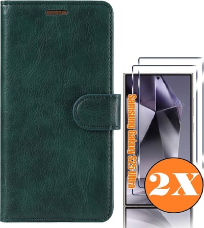 Hoesje geschikt voor Samsung Galaxy S25 Ultra bookcase Groen - Met screenprotector tempered glass Galaxy S25 Ultra - 2x