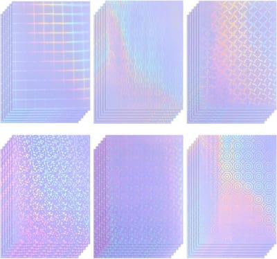 36 Bladen Holografisch Stickerpapier A4 - Zelfklevend, Waterdicht en Transparant Folie voor Creatieve Projecten, 11.7 x 8.3 Inch (Dot, Windmolen, Lijn, Raster, Tandwiel, Bloem)