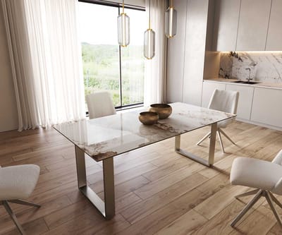 Eetkamertafel Edge keramiek Minas Melange wit-beige 200x100 RVS Schmal