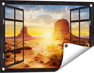 Gards Tuinposter Doorkijk Zonsondergang in Woestijn Monument Valley - 60x40 cm - Tuindoek - Tuindecoratie - Wanddecoratie buiten - Tuinschilderij