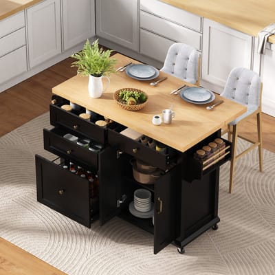 REDOM - Keukeneiland - Uitschuifbaar werkblad en rollen - Multifunctionele lades en opbergruimte - Scandinavische stijl - MDF - Zwart/Naturel - 107 x 45-70 x 90,5 cm