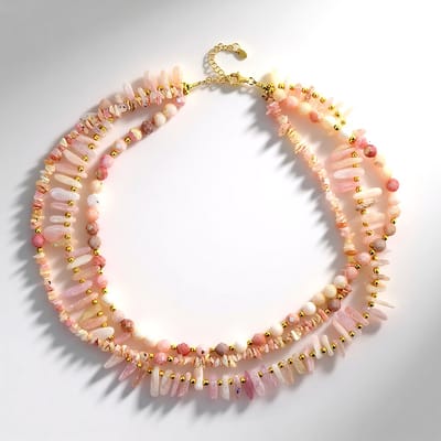 Cavill - Zilveren Halsketting - 925 Sterling Zilver - Roze Opalen 41ct & Morganiet 2.77ct - Boho Chique - Verstelbaar - Meerlaags