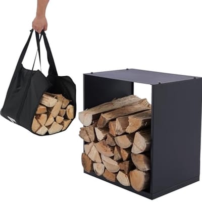 Brandhoutrek met Draagtas voor Binnen en Buiten - Houtopslag - Zwart Metaal (40x28x40cm)