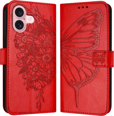 PU BookCover Hoes Etui voor iPhone 16 - Rood - Vlinder - Bloem Motief
