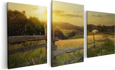 Artaza Canvas Schilderij Drieluik Boerderij Hekken op het Grasveld - 120x60 - Foto Op Canvas - Canvas Print