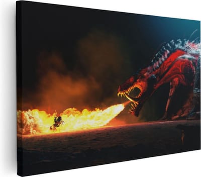Artaza Canvas Schilderij Vuurspuwende Draak - 30x20 cm - Klein - Muurdecoratie Fantasy - Wanddecoratie Strijder - Kamer Accessoires Donker