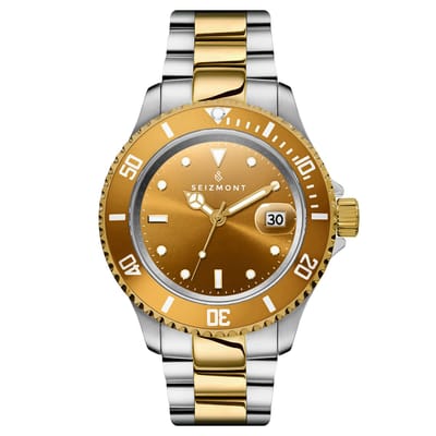 Tide II | Zilver- en goudkleurig roestvrijstalen duikhorloge met kwartsuurwerk, champagnekleurige wijzerplaat en cycloopglas