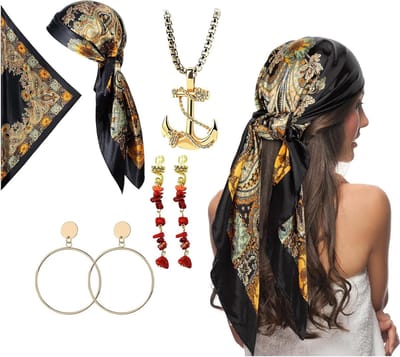 Vijfdelige set met piratenaccessoires voor vrouwen, inclusief hoofddoek, halsketting, haarjuwelen en oorbellen voor Halloween en carnaval