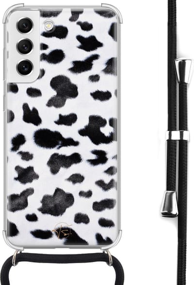Hoesje met koord geschikt voor Samsung Galaxy S21 FE - Koeienprint - Inclusief koord - Crossbody beschermhoes - Transparant, Zwart, Wit - Mooie Telefoonhoesjes