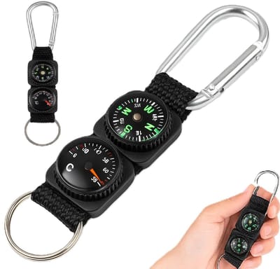 Survival 3-in-1 Kompas, Thermometer & Karabijnhaak I Multitool I Extra Sterk I Survival I Met Sleutelhanger I Zwart