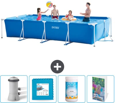 Intex Rechthoekig Frame Zwembad - 450 x 220 x 84 cm - Blauw - Inclusief Zwembadfilterpomp - Vloertegels - Chloor - Zwembadgids