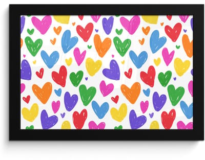 Poster in lijst - Fotolijst 30x20 cm - Posters - Hartjes - Patroon - Kleurrijk - Tekening - Posterlijst zwart - Decoratie - Wanddecoratie woonkamer - Muurdecoratie slaapkamer