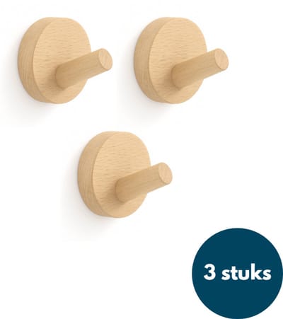 Kapstok haken hout - Teak - Wandhaken - Wandkapstok - Zelfklevende haakjes - Plakhaakjes - Rond - 3 stuks