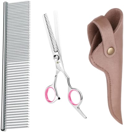 Professor Q Professionele Effileerschaar – Uitdunschaar voor Hondenvacht – RVS – Roze met Luxe Lederen Etui – 16,5 cm – Brons + Anti-Klit Kam – Pijnloos & Huisdiervriendelijk