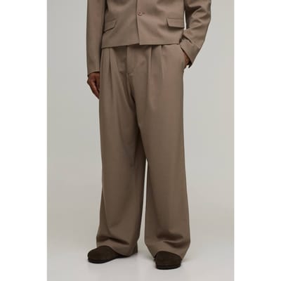 Pantalon De Costume Large À Plis Sur Le Devant Coupe Ajustée | Taupe | Size 28