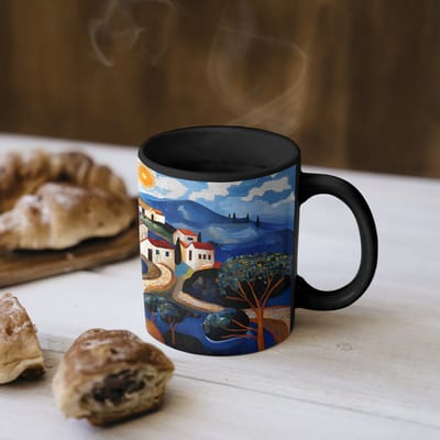 Magische Mok - Foto op Warmte Mokken - Koffiemok - Dorp - Heuvelachtig - Zon - Mozaïek - Magic Mok - Beker - 350 ML - Theemok