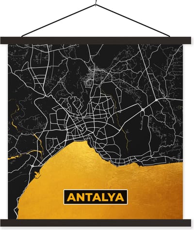 Posterhanger incl. Poster 60x60 cm - Schoolplaat - Antalya - Goud - Plattegrond - Stadskaart - Kaart - Textielposter - Zwarte latten - Stadskaart