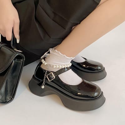 Schoenen met vierkante neus en parels Zomer Nieuwe Mode Alles-Match Dikke Zool Verhoogd Kleine Pu Leren Schoenen Mary Jane Damesschoenen 38 gray