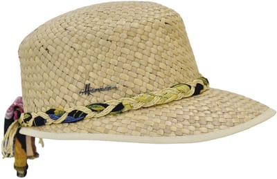 Casquette/chapeau en paille naturelle unie pour femme avec ceinture tressée raphia/tissu