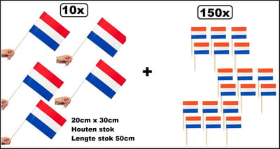 150x Cocktail prikkers Nederland + 10x Luxe Zwaaivlaggetjes op stok Nederland 20cm x 30cm - lengte stok 50cm