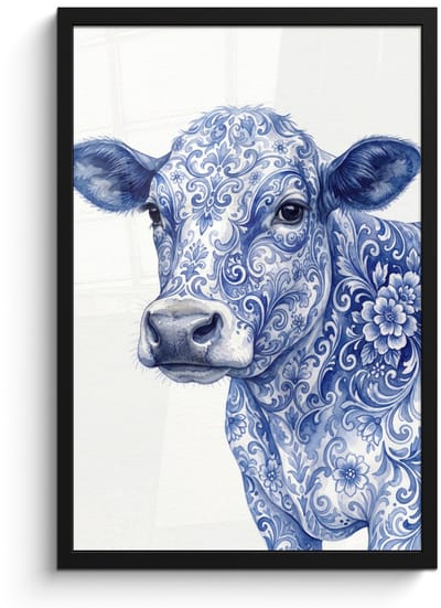 Poster in lijst - Fotolijst 40x60 cm - Posters - Illustratie - Koe - Blauw - Posterlijst zwart - Decoratie - Wanddecoratie woonkamer - Muurdecoratie slaapkamer