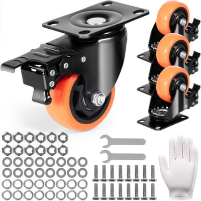 VEVOR Meubelwielen Set van 4 Zwenkwielen PVC φ76,2mm Wielen Draagvermogen 454kg Transportwielen met A/B Remmen Bakwielen 360° Draaibaar Zware Wielen voor Huizen Kantoren Studio's Fabrieken