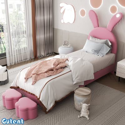 Gutent Kinderbed-90x200cm-Twee opbergbanken-LED bedlampje-Vouwbare konijnenoren-Geen matras-Velvet-Roze