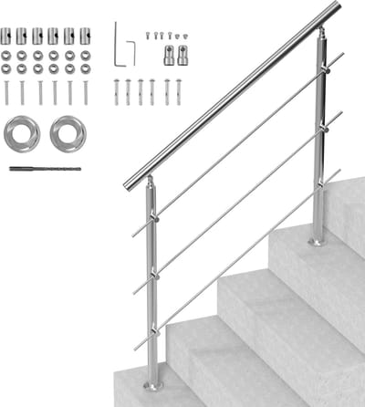 47,2 Inch Buitentrapleuning, Trapleuningset met 3 Dwarsbalken, Ontwerp met Dubbele Palen voor Senioren, Overgangsleuning van Roestvrij Staal met Montageset, Ideaal voor Veranda's en Patio's