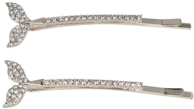 Haarsoires Haarspeld Schuifspeldjes Recht 6cm - Walvisstaart - Strass Steentjes - Zilver - Set van 2 - Haarklem - Haarclip - Haaraccessoires voor Dames & Kinderen - Hair Clip - Decoratieve Haaraccessoire