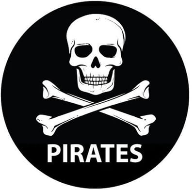 Piraten thema deur / muur sticker - 5x - zwart - Dia 15 cm - rond - Feestartikelen - versieringen - Jolly Roger vlag