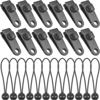 Set van 12 Multifunctionele Tentklemmen met Bungee Touw voor Tenten, Zeilen, en Tuinprojecten