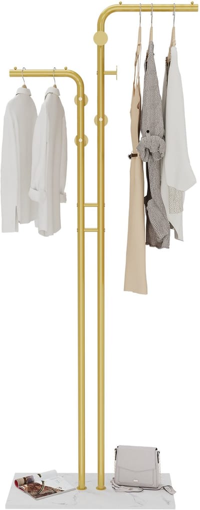 unho Metalen Kapstok - Vrijstaande Kapstok - Dubbele Stok Kledingrek - met Marmeren Voet en 5 Haken - Gouden Kledingrek - Hoedenstandaard - voor Ingang Woonkamer Slaapkamer Kantoor