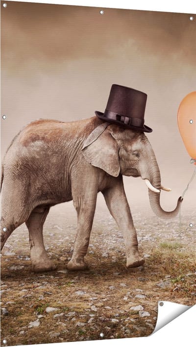 Gards Tuinposter Olifant met een Oranje Ballon - Hoedje - 100x150 cm - Tuindoek - Tuindecoratie - Wanddecoratie buiten - Tuinschilderij