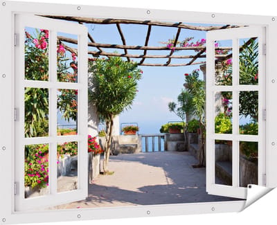 Gards Tuinposter Doorkijk Terras - 180x120 cm - Tuindoek - Tuindecoratie - Wanddecoratie buiten - Tuinschilderij