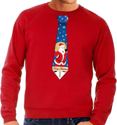Foute kersttrui / sweater stropdas met kerstman print rood voor heren S