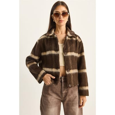 Gestreepte Textured Knopsluiting Cropped Jas