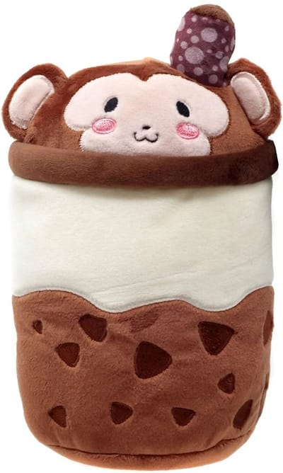 Puchi gumi mini 10 cm - favoriet drankje in knuffelvorm - boba bubble thee latte of milkshake - kawaii Japan - knuffel beker met rietje - Brown Monkey Plush - aap bruin choco chocolade