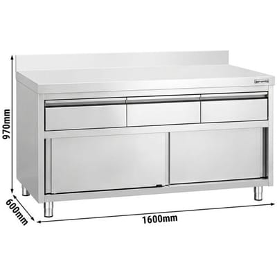 GGM Gastro Edelstahl Arbeitsschrank PREMIUM - 1600x600mm - mit Aufkantung - mit 3 Schubladen & Schiebetür