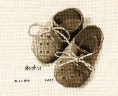 Vervaco - Telpakket kit - Geboorte - Sepia - Eerste schoentjes - PN-0164620 - Borduren - Borduurpakket - Borduurpakket geboorte - Borduurpakket volwassenen