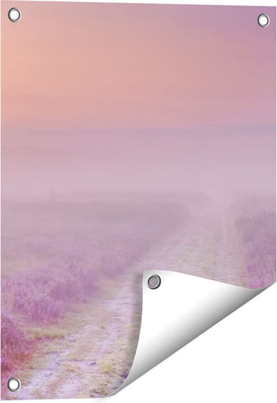 Gards Tuinposter Pad in de Weide tijdens de Mist - 40x50 cm - Tuindoek - Tuindecoratie - Wanddecoratie buiten - Tuinschilderij