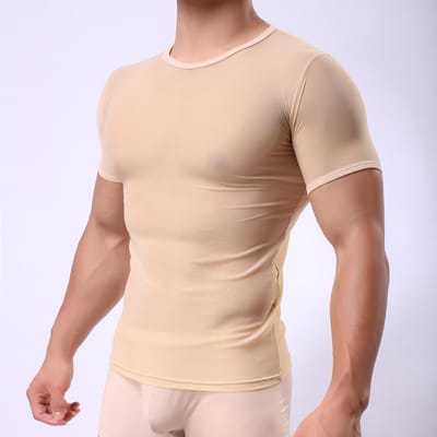 Heren Sexy Strakke Spier T-shirts Transparante Mesh Tops Heren Korte Mouw T-shirts Sportschool Doorzichtig Ondergoed Slim Fit Shirts XL beige