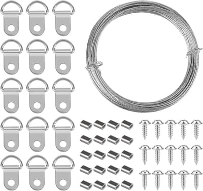 10 meter stalen kabel set voor foto's en spiegels - RVS spankabel 1mm met D-ring en schroef, ideaal voor wanddecoratie en kunstwerken ophangen