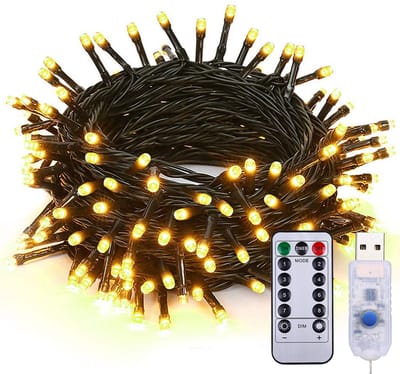 Rosnek 100 LED Kerstverlichting 10m met Afstandsbediening, Timer & 8 Modi - Warm Wit - USB aangedreven - Groen Snoer - Binnen & Buiten - Lichtsnoer voor Kerstdecoratie & Feest