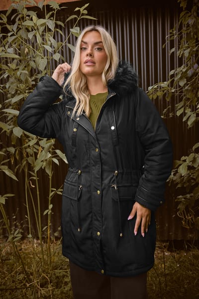 Yours Parkajas Met Capuchon Met Imitatiebontrand In Zwart Size 42