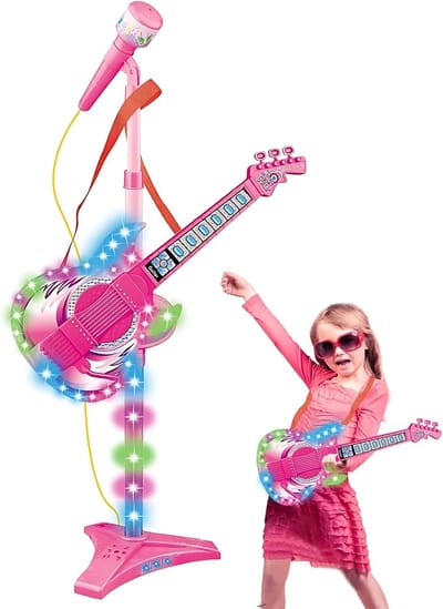 Kinderspeelgoed Gitaar - Muziekset Kinderen - Muziek Maken - Met Lichteffecten - 7 x 30 x 7 cm - Roze