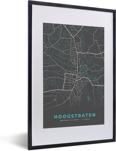 Fotolijst incl. Poster - België – Hoogstraten – Stadskaart – Kaart – Blauw – Plattegrond - 40x60 cm - Posterlijst