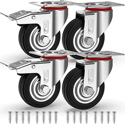 GBL Heavy Duty Casters with 2 Brakes + Screws - 75mm to 200kg - 4 Pcs No Floor Marks Silent Casters for Furniture - Rubber Trolley Wheels - Silver Wheels