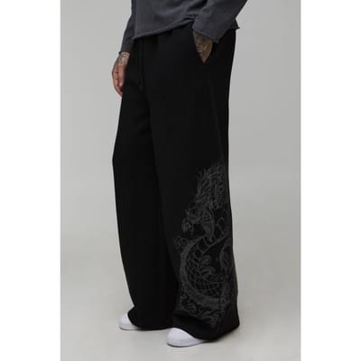 Tall Extreme Wide Leg Dragon Graphic Joggers | Black | Size 2XL