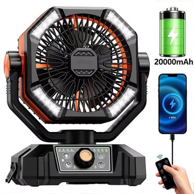 uJOY Ventilator - 8 instelbare ventilatorsnelheden - Automatische oscillatie - Powerbankfunctie - 4 LED-lampen - Kleur oranje